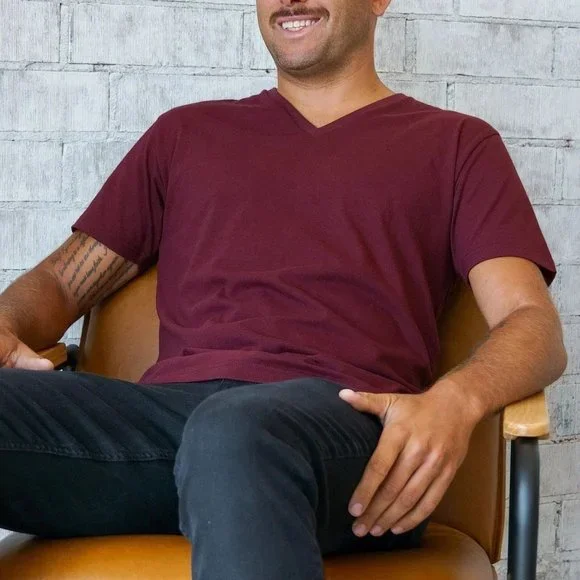 FRESH CLEAN TEES MEN'S SHORT SLEEVE V NECK COLOR: GARNET - Picture 3 of 6